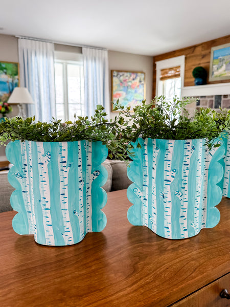 Aqua Birch Hand-Painted Scalloped Vinyl Vase Sleeve Pair