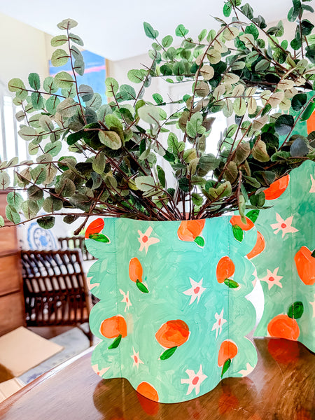 Blossoms and Oranges Hand-Painted Scalloped Vinyl Vase Sleeve