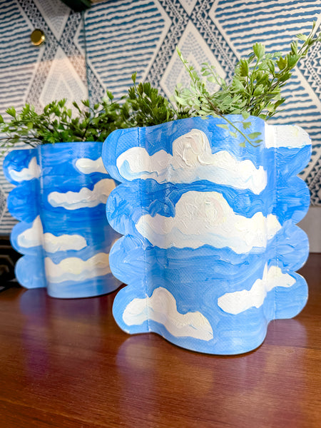 Blue Skies Ahead Hand-Painted Scalloped Vinyl Vase Sleeve Pair
