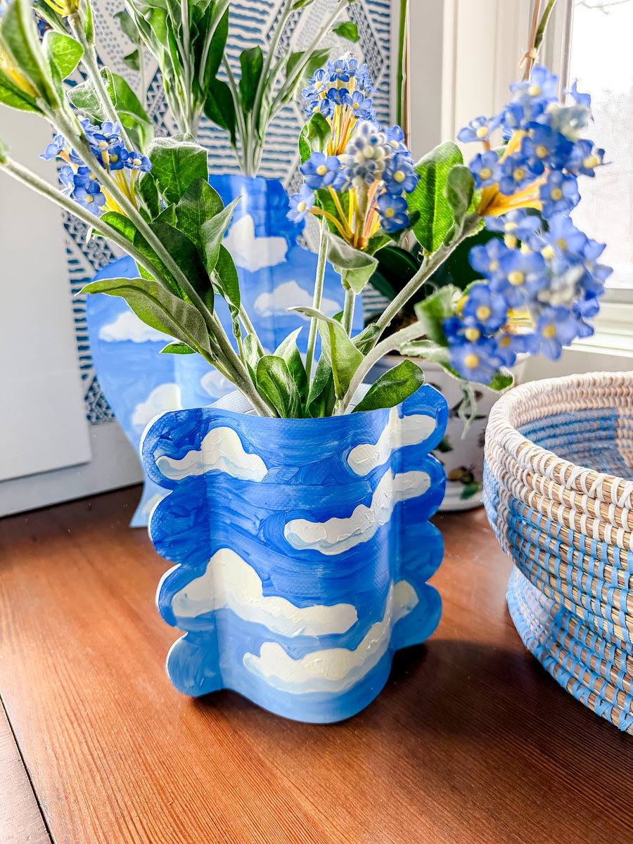 Blue Skies Ahead Hand-Painted Scalloped Vinyl Vase Sleeve