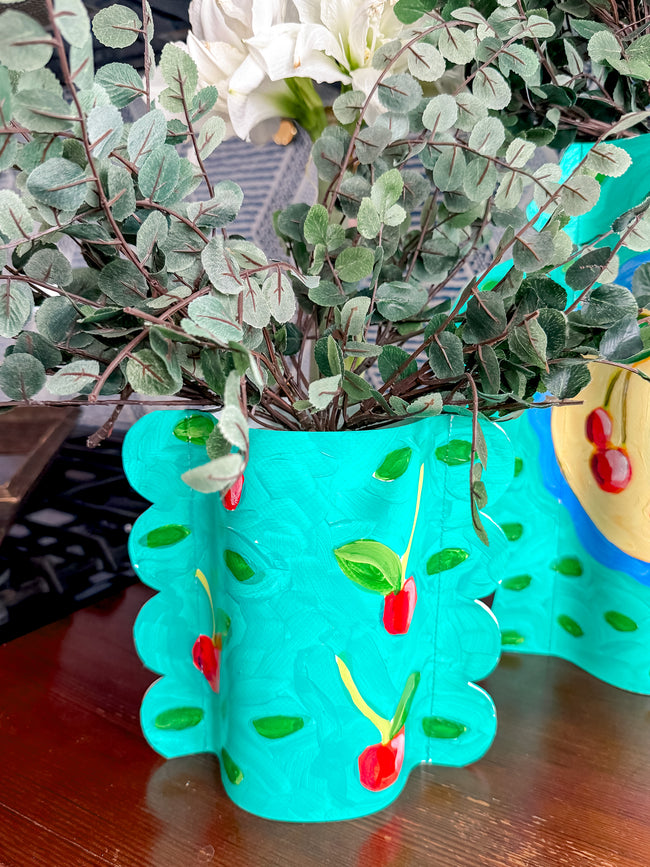 Cha Cha Cherries Hand-Painted Scalloped Vinyl Vase Sleeve