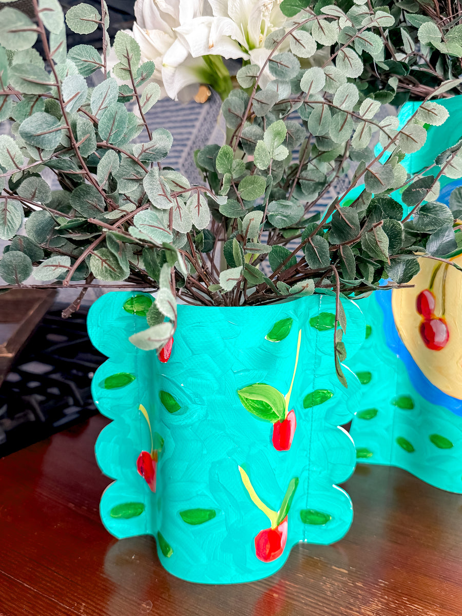 Cha Cha Cherries Hand-Painted Scalloped Vinyl Vase Sleeve