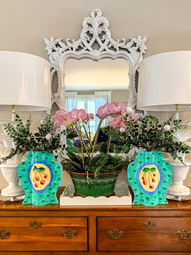 Cha Cha Cherry Hand-Painted Vinyl Ginger Jar Vase Sleeve Pair