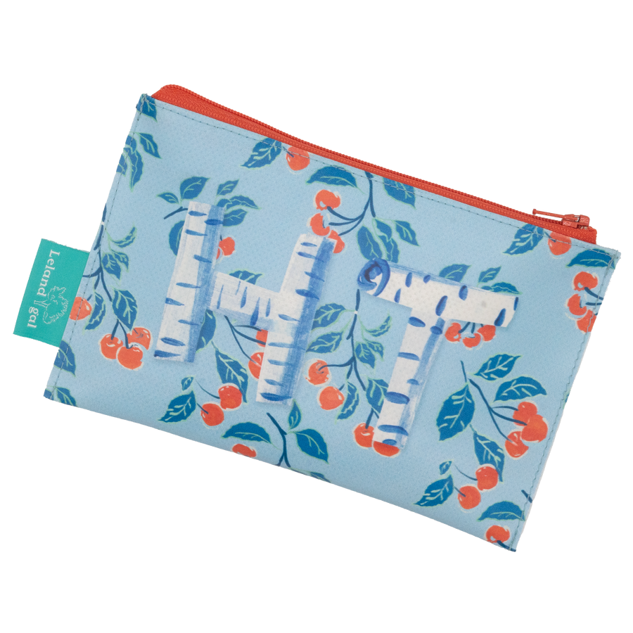 Powder Blue Cherries Jubilee Printed Birch Monogram Dew Drop Envelope Bag