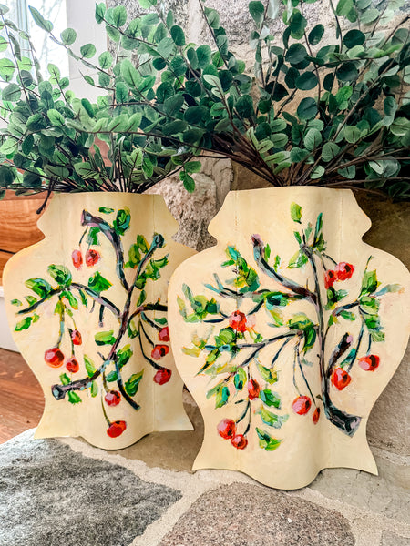 Nell Revel Smith Cherries Hand-Painted Vinyl Ginger Jar Vase Sleeve Pair