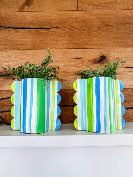 Cool Stripes Hand-Painted Scalloped Vinyl Vase Sleeve Pair