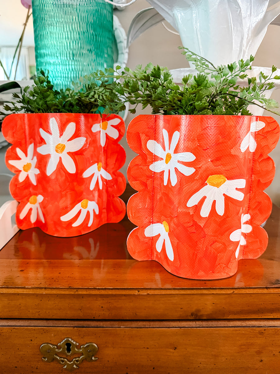 Coral Daisies Hand-Painted Scalloped Vinyl Vase Sleeve Pair