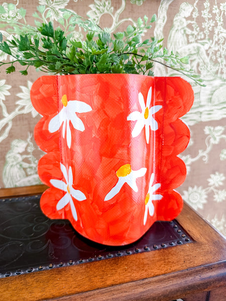 Coral Daisies Hand-Painted Scalloped Vinyl Vase Sleeve