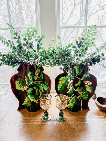 Nell Revel Smith Greenery in Chocolate Hand-Painted Vinyl Ginger Jar Vase Sleeve Pair