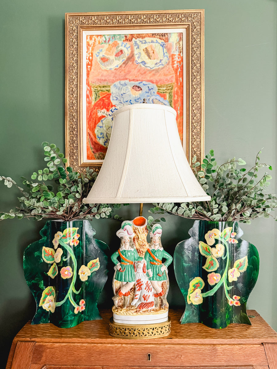 Nell Revel Smith Greens in Deep Emerald Hand-Painted Vinyl Ginger Jar Vase Sleeve Pair