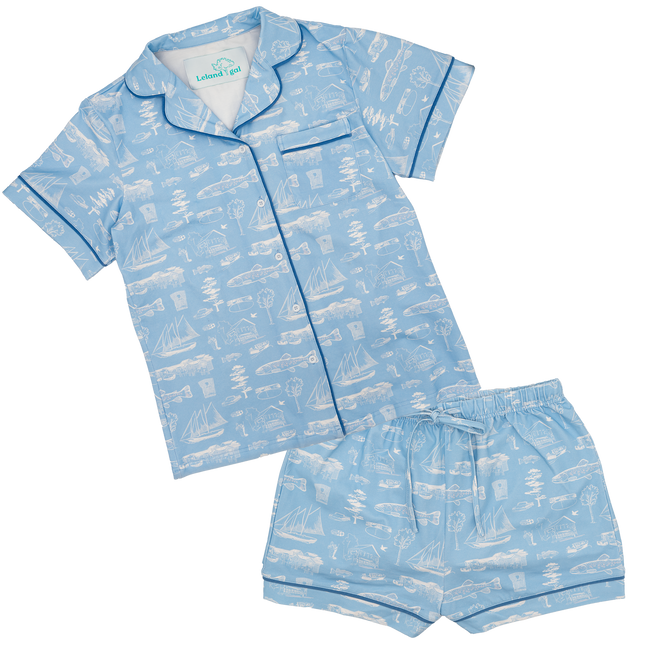 Powder Blue Leland Toile Cotton PJ Short Set