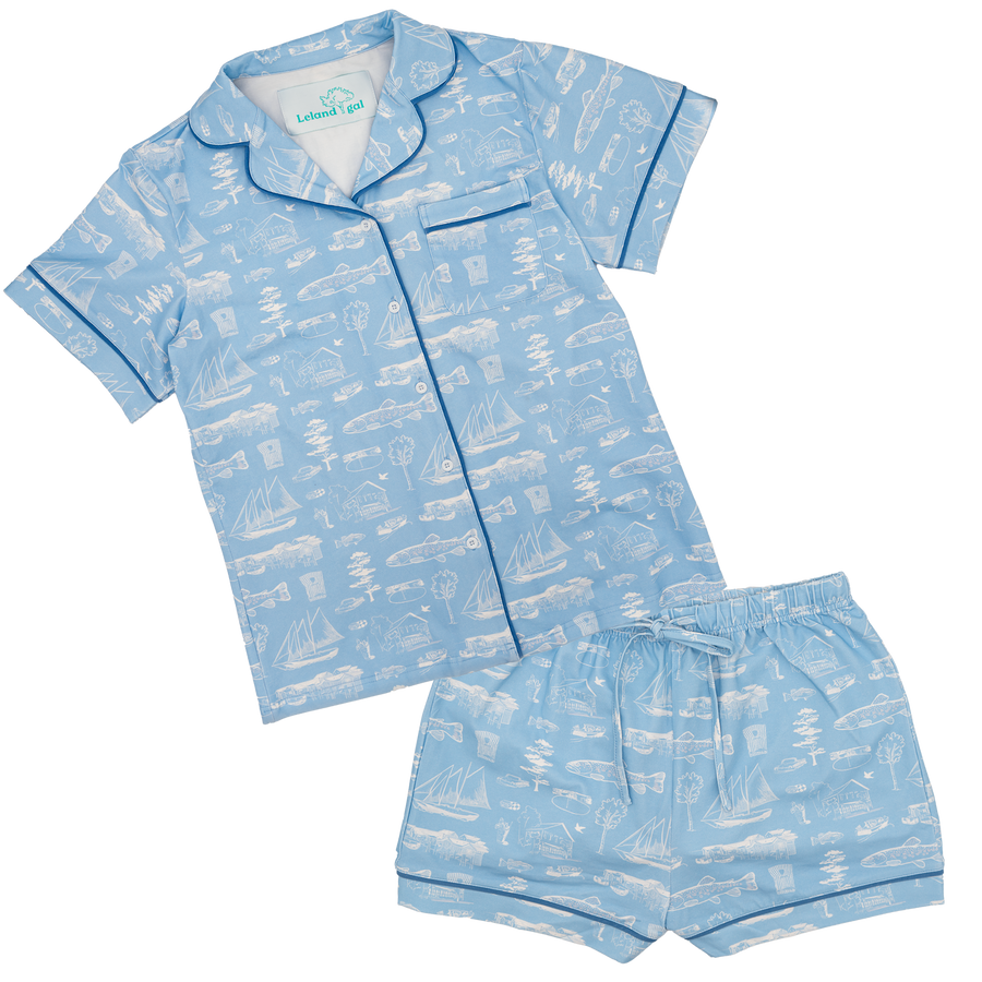 Powder Blue Leland Toile Cotton PJ Short Set