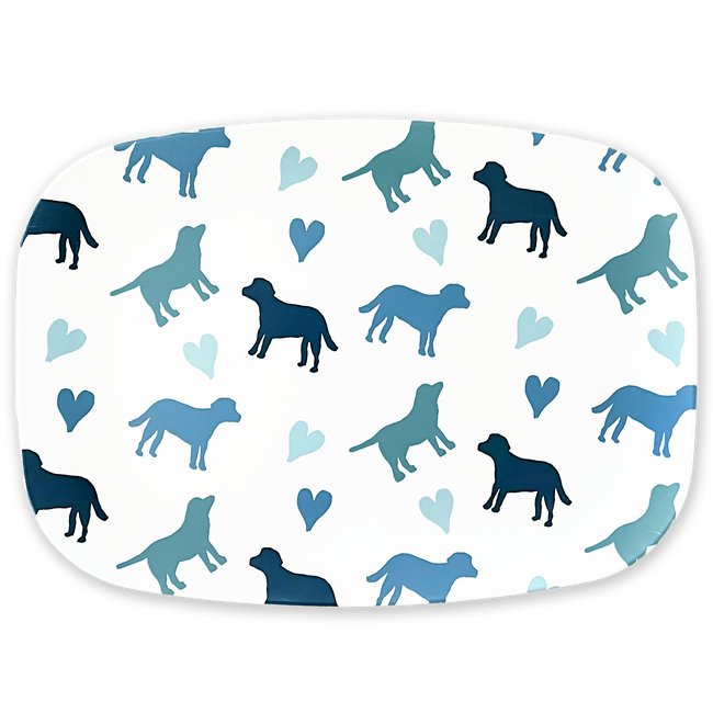 White Blue Puppy Love Melamine Platter