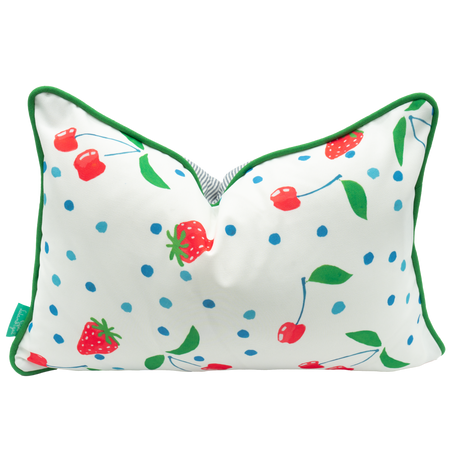 White Cherries and Berries/Kelly Green Welt/Navy and White Backing Indoor Lumbar Pillow