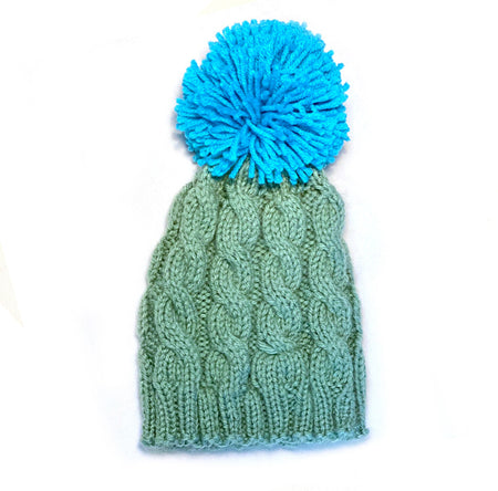 Sage and Turquoise Cable Pom Winter Hat